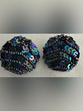 60’s Iridescent Sequin Cluster Dome Earrings - Blue & Green Hues